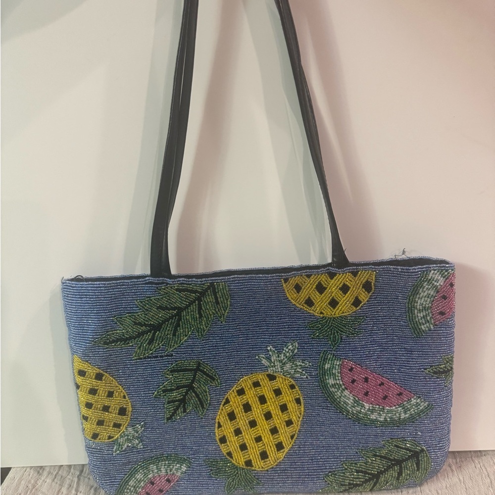 Fully Beaded Pineapple Watermelon and Leaf Pattern Purse Tote - Picture 5 of 9